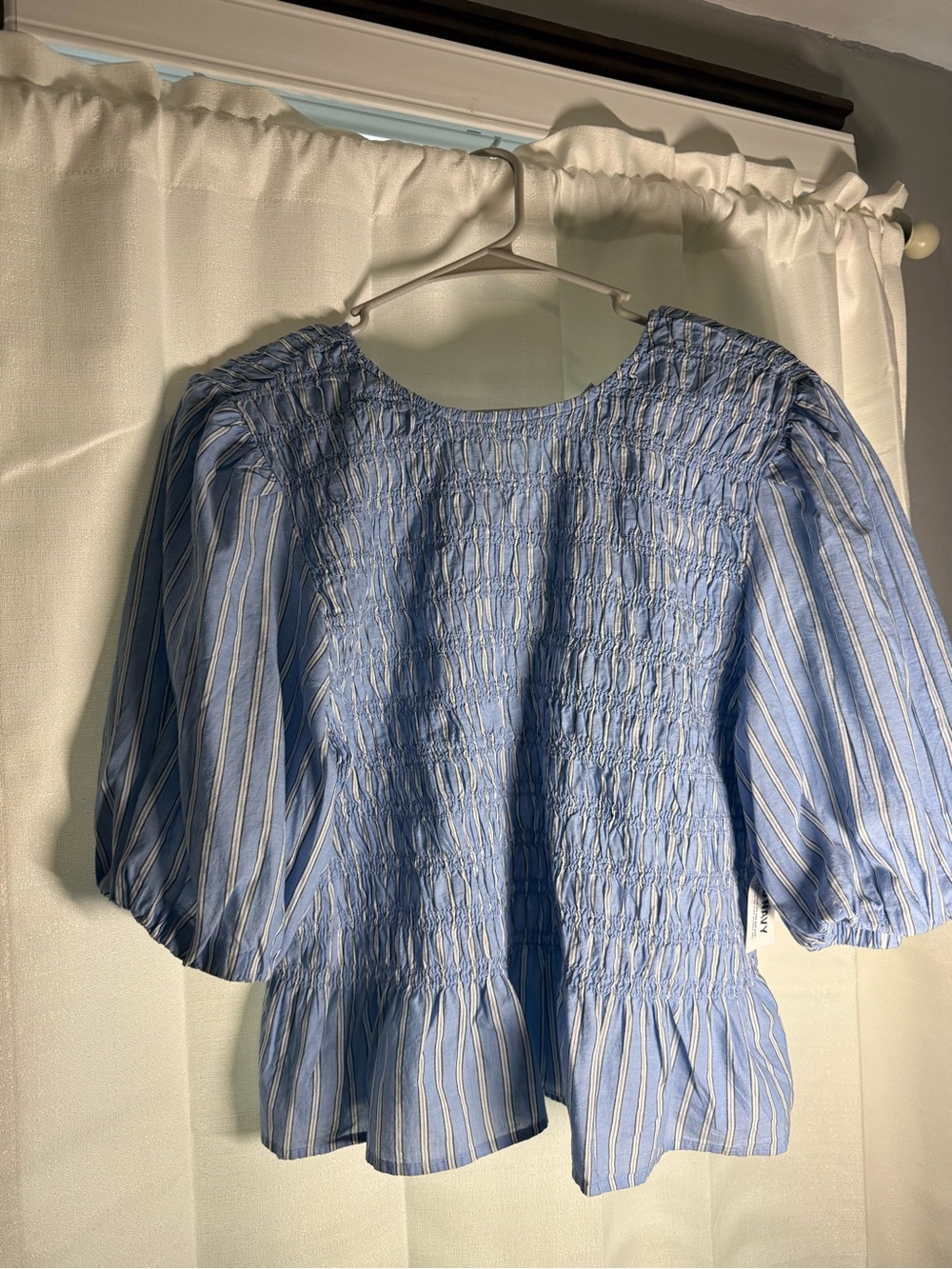 Old Navy Light Blue and White Striped Smocked Peasant Top